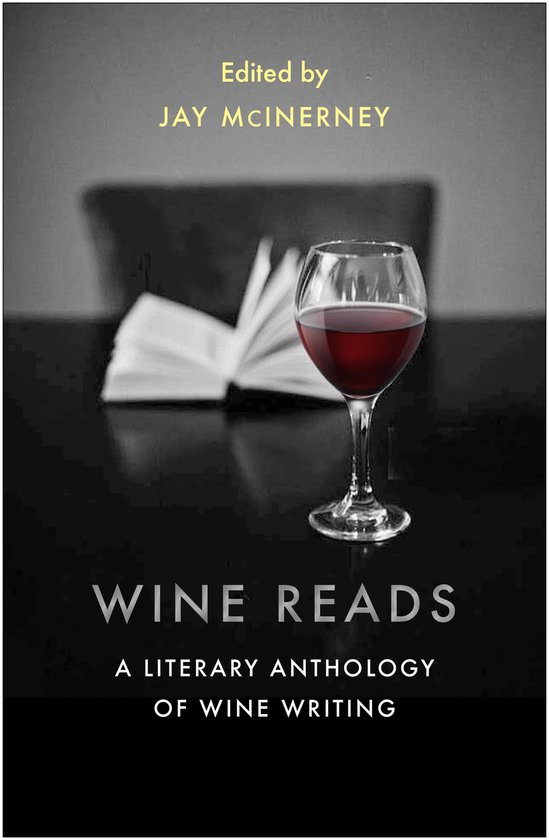 Boekcover van 'Wine Reads', een literaire bloemlezing van wijnschrijven, met een glas rode wijn en een open boek.