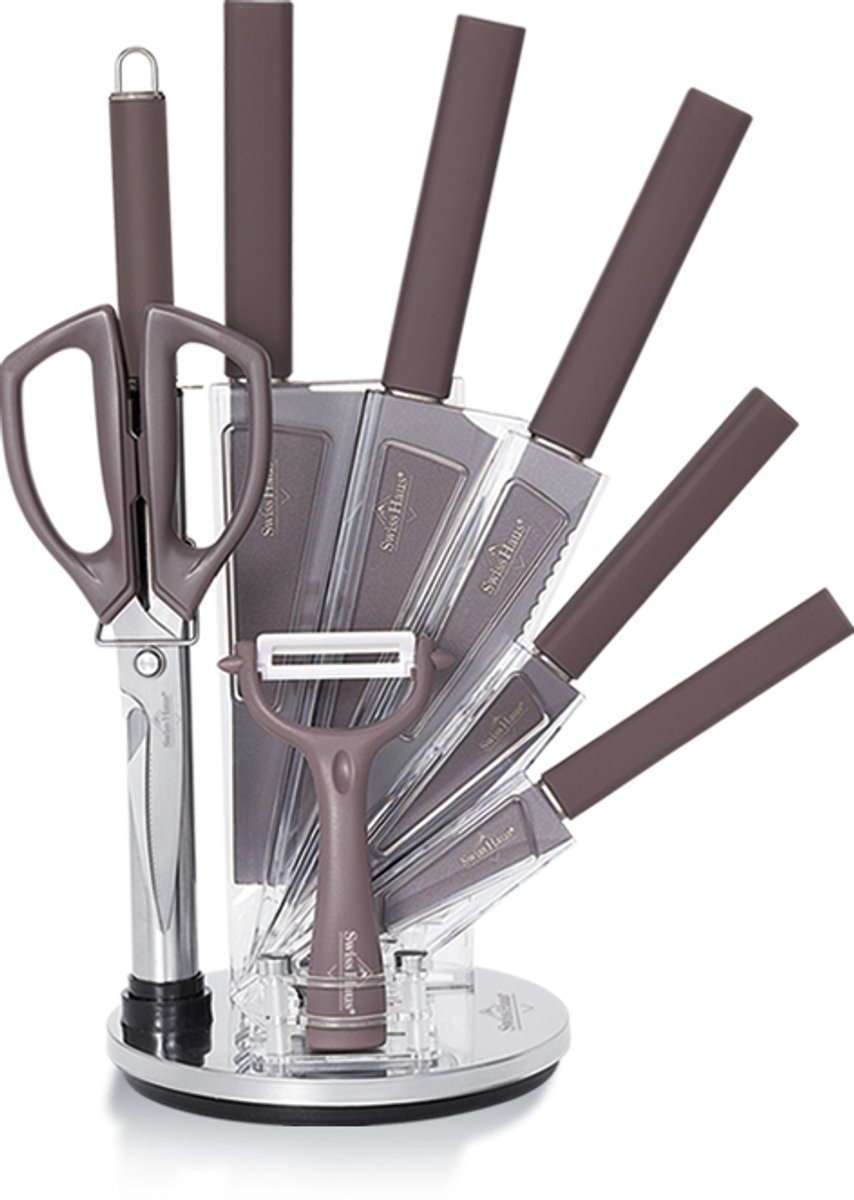 Swiss Haus® KSL9T Messenset Met Blok – 9 Delige Professionele Keukenmessen Set - Inclusief Schaar, Dunschiller & Aaanzetstaal – Antiaanbaklaag – Paars