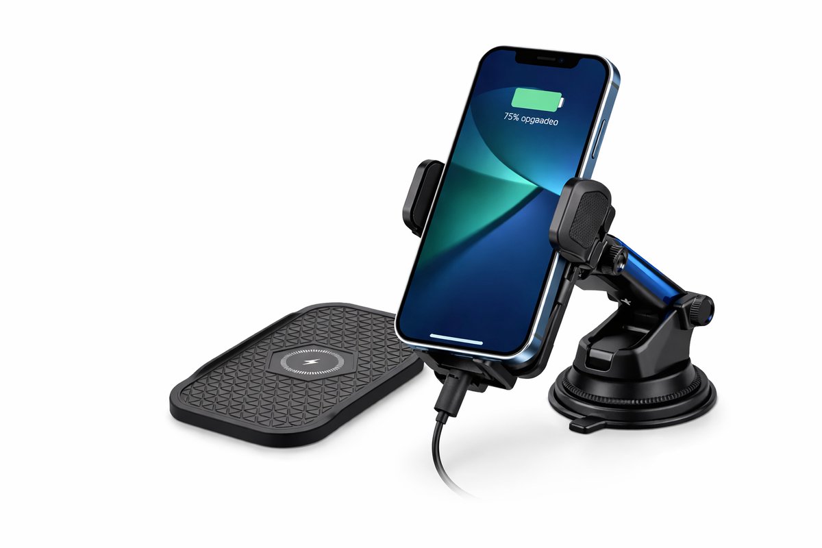 Bonola Complete Auto Set – Draadloze Autolader 15W + Dashboard Telefoonhouder – 360° Draaibaar – Antislip – USB-C
