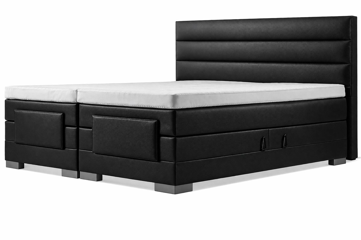 Elektrische Boxspring - 180x220 - Incl. Horizontaal hoofdbord - Gitzwart lederlook met pli
