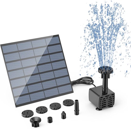 Solar Fontein op Zonne Energie - Drijvende Vijverpomp met 8 sproeiers - Waterfontein - Fonteintje - Zonne-fonteinpomp - Outdoor zonne-waterpomp - Voor Tuin / Vijver / Zwembad / Vogel bad - Sterke Straal - Zwart
