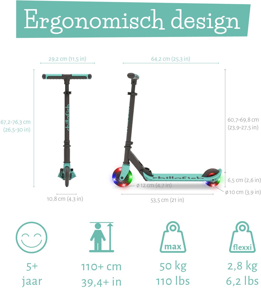 Chillafish Kinderstep jongens en meisjes vanaf 5 jaar met LED wielen - Blauw Groen﻿- Step met verstelbaar stuur en voetrem - Opvouwbaar en lichtgewicht met ABEC-5 wielen - Geen batterijen nodig - Model Flexxi Glow — afbeelding 2