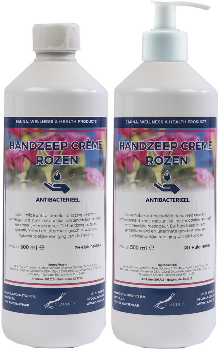 Handzeep Crème Rozen 500 ml - set van 2 stuks - met gratis pomp - Voordeelverpakking