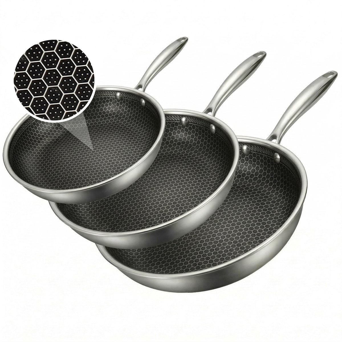 Koekenpannenset 3delig Ø 20, 24, 28 cm - PFAS Vrij & PTFE Vrij - RVS Honingraat - Inductie, Elektrisch, Keramisch & Gas - Hexagon Anti Aanbak Pan Krasvrij - Oven tot 280°C - Duurzame Keramische Coating - Vaderdag Cadeau voor Papa - Löwenthal van Löwenthal