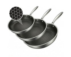 Koekenpannenset 3delig Ø 20, 24, 28 cm - PFAS Vrij & PTFE Vrij - RVS Honingraat - Inductie, Elektrisch, Keramisch & Gas - Hexagon Anti Aanbak Pan Krasvrij - Oven tot 280°C - Duurzame Keramische Coating - Vaderdag Cadeau voor Papa - Löwenthal