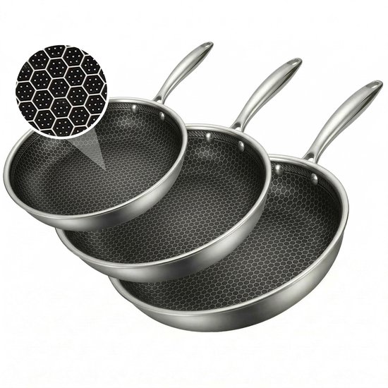 Koekenpannenset 3delig Ø 20, 24, 28 cm - PFAS Vrij & PTFE Vrij - RVS Honingraat - Inductie, Elektrisch, Keramisch & Gas - Hexagon Anti Aanbak Pan Krasvrij - Koudgrepen - Oven tot 280°C - Duurzame Keramische Coating - Keukengerei - Koken - Löwenthal