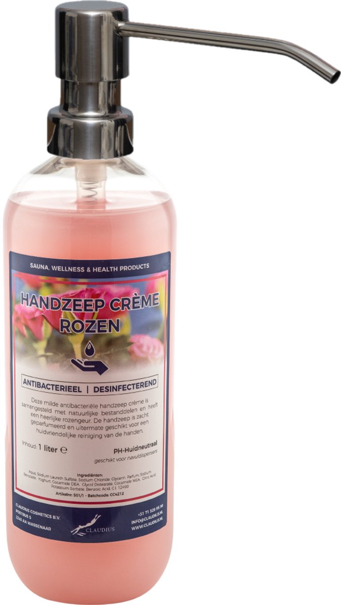 Handzeep Crème Rozen 1 liter - met gratis RVS zilverkleurige pomp