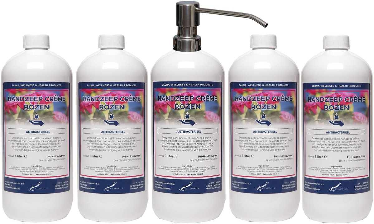 Handzeep Crème Rozen 1 liter - set van 5 stuks - met gratis RVS zilverkleurige pomp - Voordeelverpakking