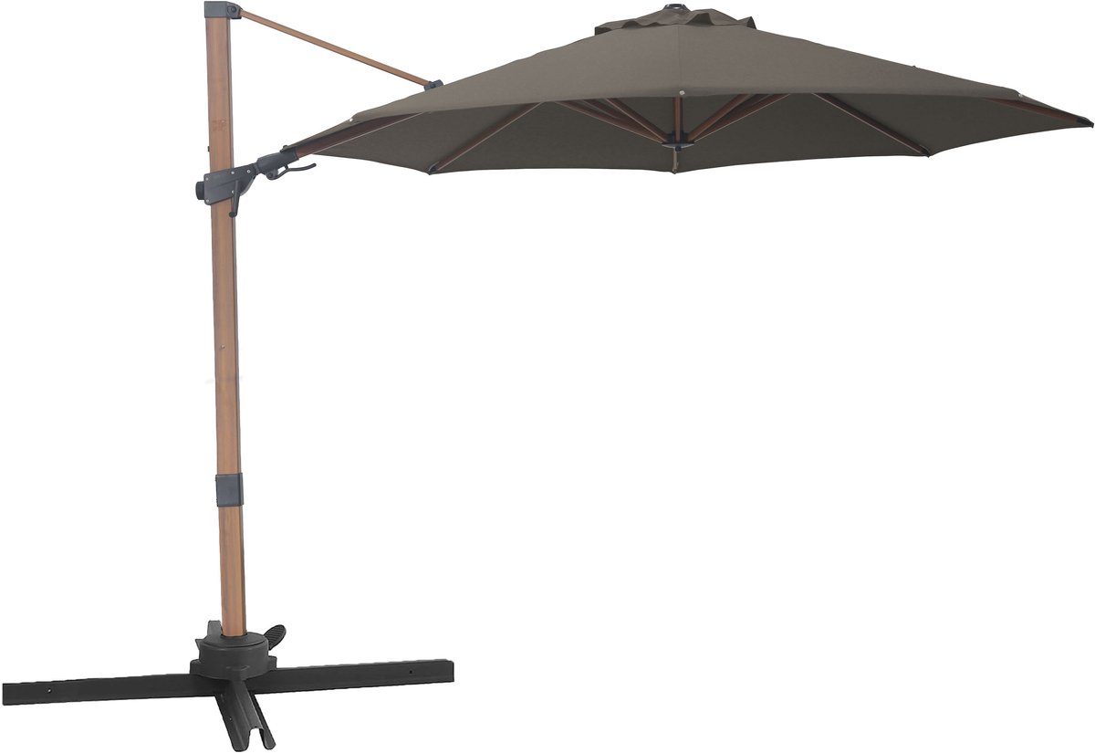 AXI Solis Zweefparasol Ø 300cm Houtlook/taupe incl. Hoes – Gepoedercoat frame met kruisvoet – 360° Draaibaar - Kantelbaar