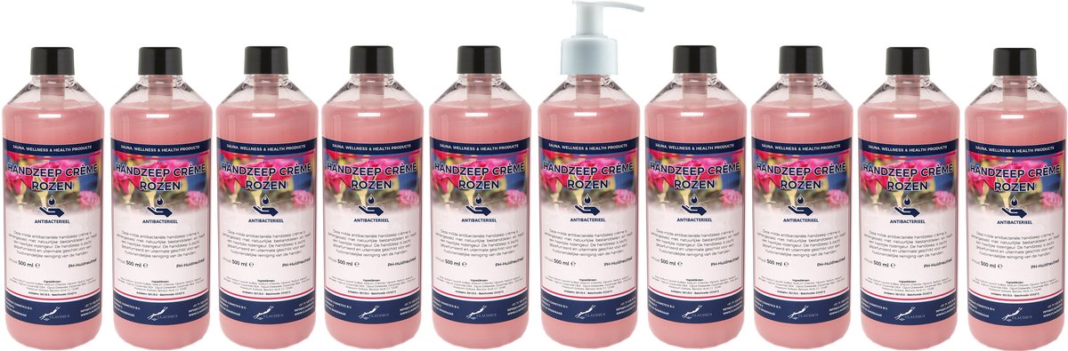 Handzeep Crème Rozen 500 ml - set van 10 stuks - met gratis pomp - Voordeelverpakking