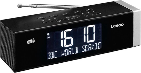 Zwarte Lenco wekkerradio met DAB+ logo, tijd '16:10', zender 'BBC WORLD SERVICE', zilverkleurige rand en zijkant luidspreker.