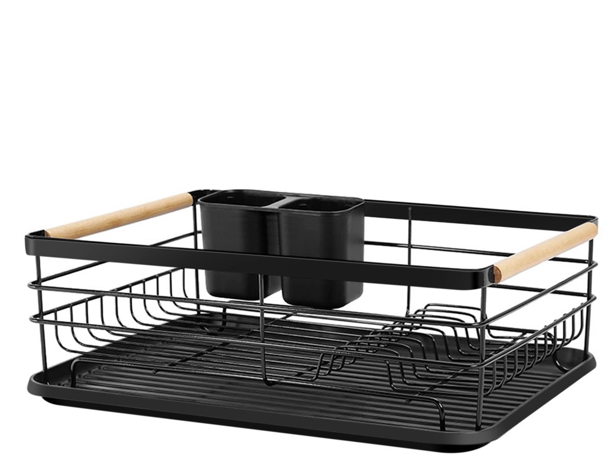 Cheffinger, Afwasrek met Bak en Bestekhouder Houten Handvatten, Zwart