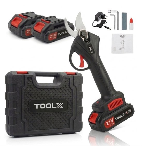 TOOLX Elektrische Snoeischaar - Takkenschaar - Tuinschaar - 30mm Snijdiameter - Inc. Opbergkoffer en 2 accu's