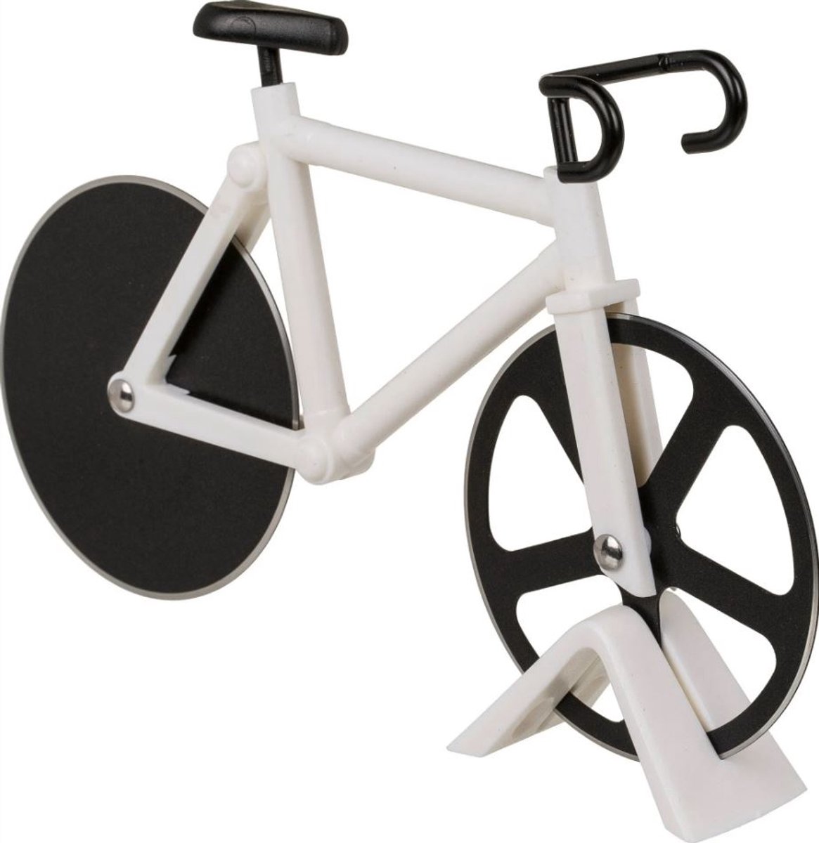Pizzames fiets - Pizzasnijder - Pizza roller - Rolmes - Pizza snijden - Racefiets - Pizza knife bicycle - Kunststof en metaal - Inclusief standaard - Wit - Jonyx