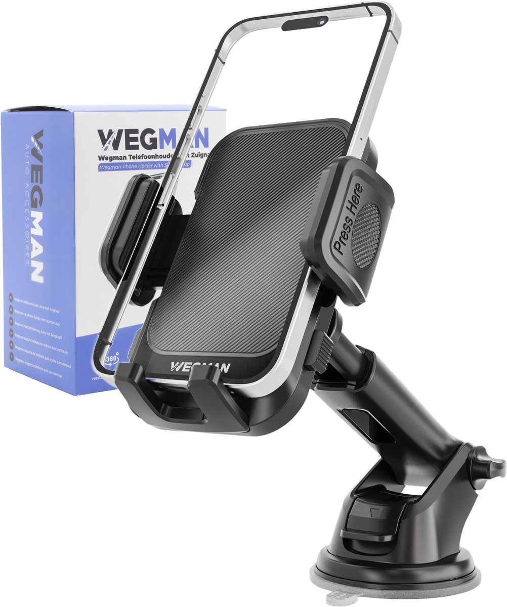 Wegman Telefoonhouder Auto Zuignap - Extra Krachtige Zuignap voor Dashboard en Raam - Autohouder voor alle Telefoons - Telefoonhouders Auto - GSM Mobiel Houder - Auto Accessories - Zwart