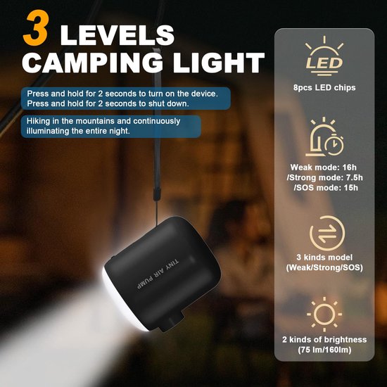 Belle's product-Oplaadbare draagbare luchtpomp met campinglamp - Voor luchtmatrassen, zwembanden & vacuümzakken-zwart van Merkloos — afbeelding 2