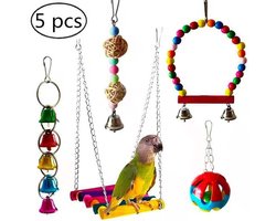 5 stuks- Vogel Speelgoed- Speelgoedset voor papegaaien en vogels -Vogel Speelgoed Set- Papegaaienspeelgoed -Vogelspeelgoed- Vogelschommel-Voor Parkieten, Papegaaien & Kleine Vogels-Ladder - Bal met bel