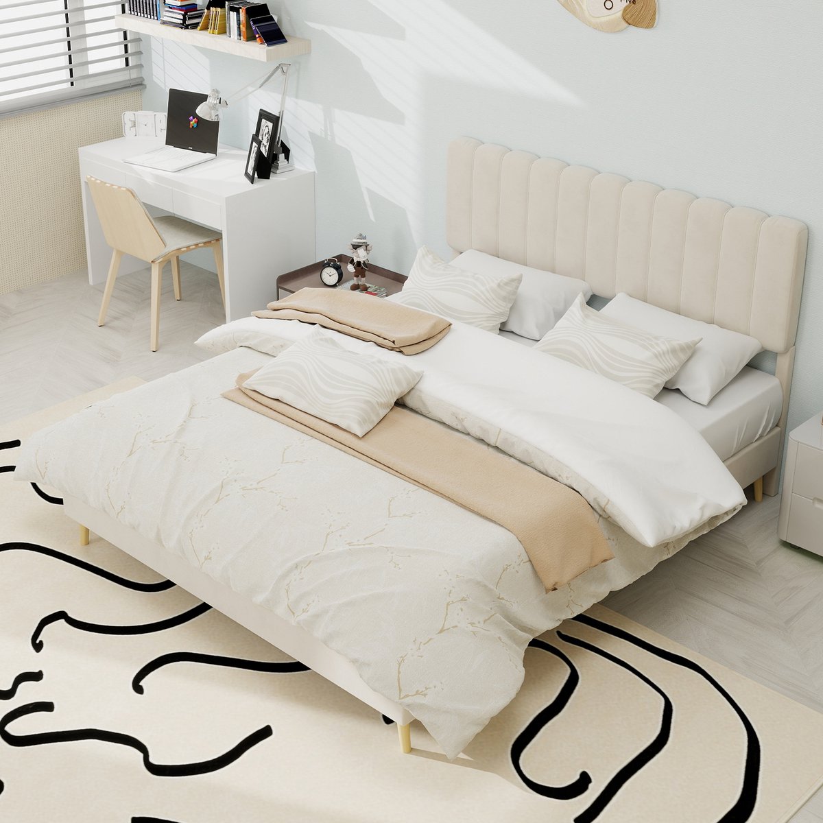 MODENUIT Gestoffeerd bed 140x200 cm – Platformbed met hoog hoofdbord – Zonder opbergruimte – Zonder matras – Beige