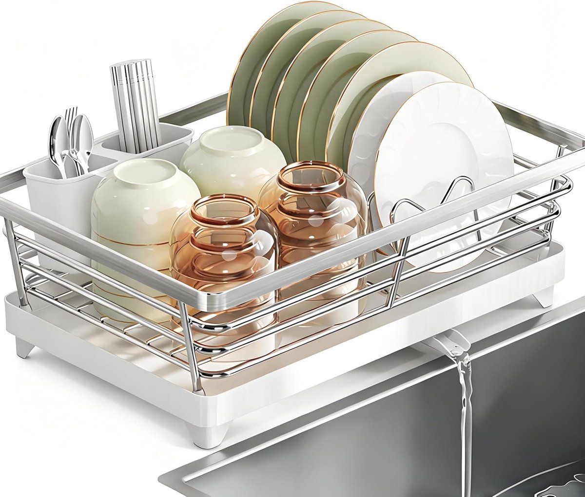 Afdruiprek - Serviesrek - Keuken Organisatie - Uitschuifbare Afvoer - 41x26.5x15 CM - Wit Zilver