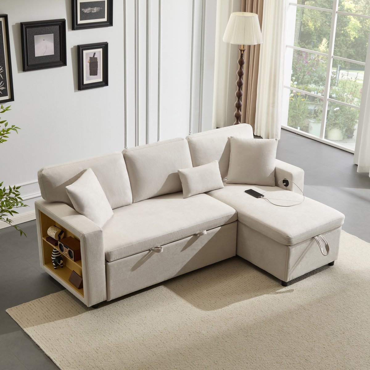 REDOM Hoekslaapbank - Verwisselbare Chaise Longue - Met Opbergruimte En USB-Aansluiting - Modern - Fluwelen Bekleding - Beige