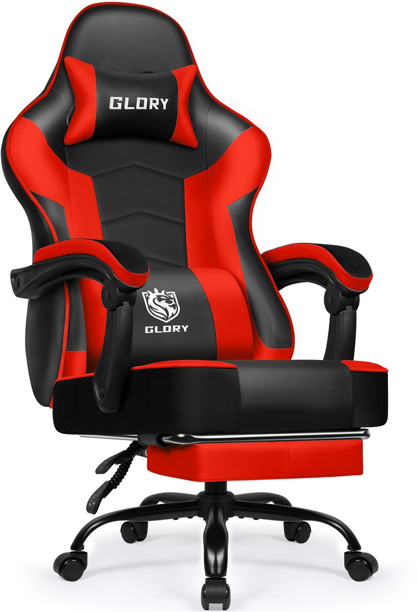 Hiaonyx Gaming Stoel - 170° Verstelbare Rugleuning - Gaming Stoel met inklapbare Voetsteun - racerstijl - Geïntegreerde Armleuningen - Maximale Belastbaarheid 150kg - Rood