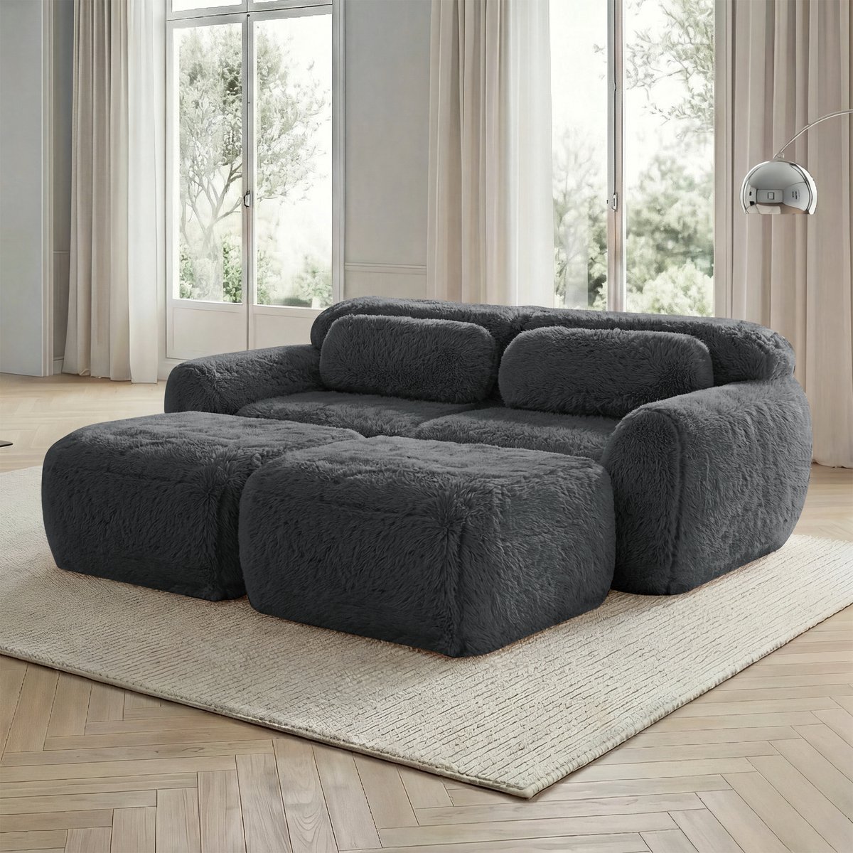 REDOM Modulaire 2-zits L-vormige frameloze hoekbank van pluche – Loungebank met diepe zit – Montagevrij en minimalistisch – Voor woonkamer – Grijs – 204x179x73 cm