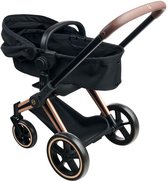 Zwarte poppenwagen met bruin handvat, koperkleurig frame en mand.