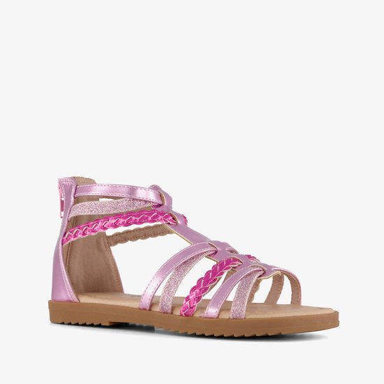 Roze gladiator sandaal met glitters en vlechtdetails. Rits aan de achterkant.