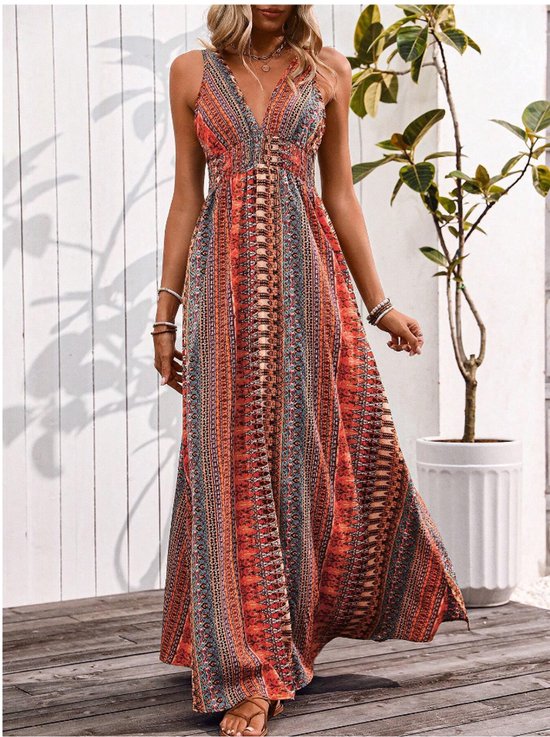 Robe d'été pour femmes avec col en V, imprimé floral, glands et bretelles spaghetti, robe décontractée, robe de fête, robe bohème, robe maxi pour la plage Rouge L