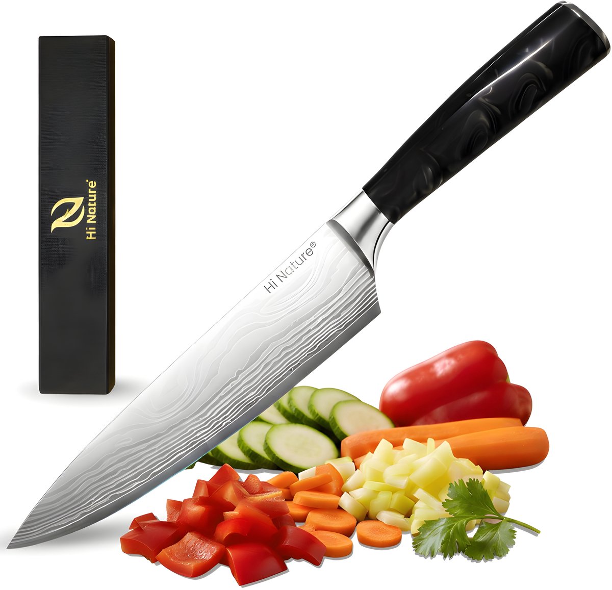 HI NATURE™ Koksmessen - Professioneel Koksmes Japans 20 CM Lemmet - Chef knife Damascus Patroon - Keuken Mes - Vleesmes - Japans Snijmes | Ergonomisch Handvat Koksmessen - japanse messen - Zwart