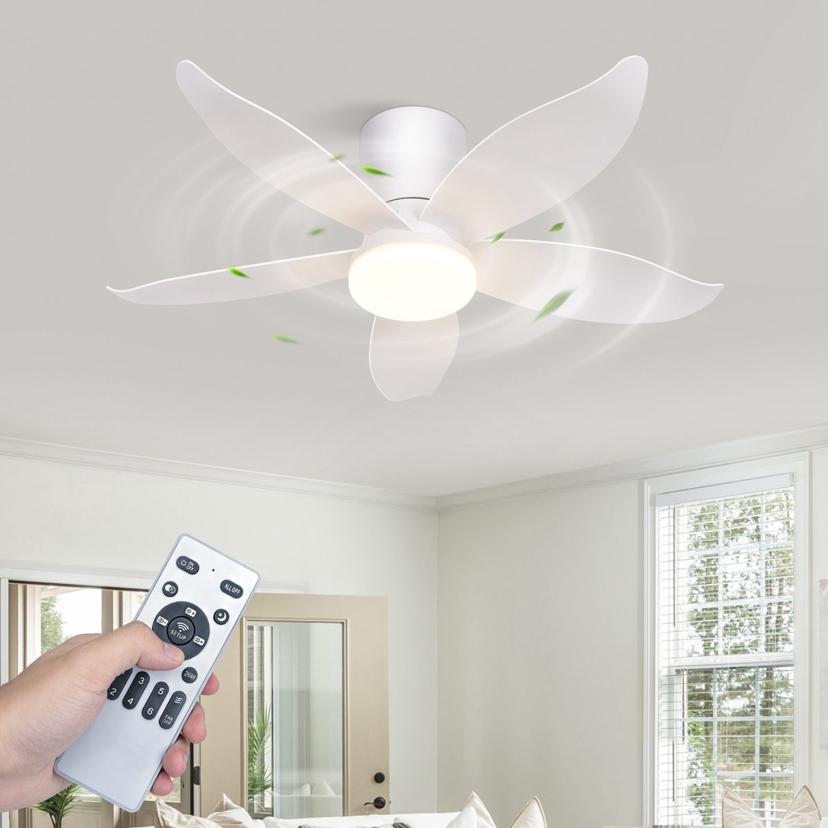 NETTLIFE Plafondventilator met Verlichting - Stil - 5 Bladen - Wit - Dimbaar - 6 Snelheden - Met Afstandsbediening - Voor Slaapkamer & Woonkamer