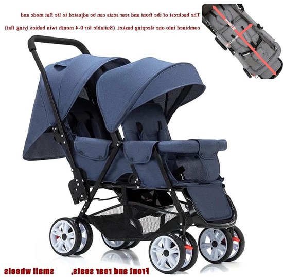 Dubbele Kinderwagen - Tweeling Kinderwagen - Duo Buggy - Duo kinderwagen - 2 Omvormbare Zitjes - en Reiswiegjes - Klein Wiel Blauw