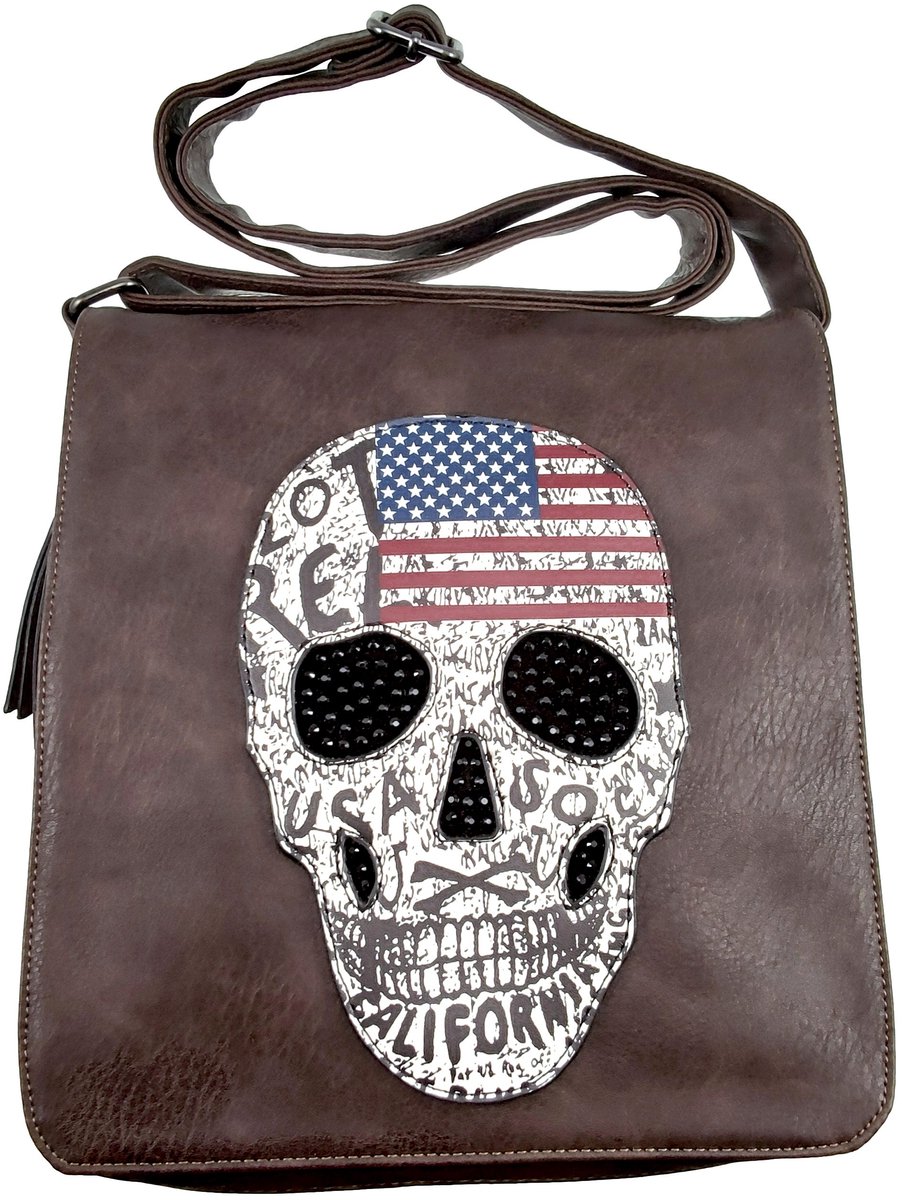 Unisex Schoudertas met Skull Design, Urban Crossbodytas, Donkerbruine Imitatieleer - 30 x 26 x 5 cm