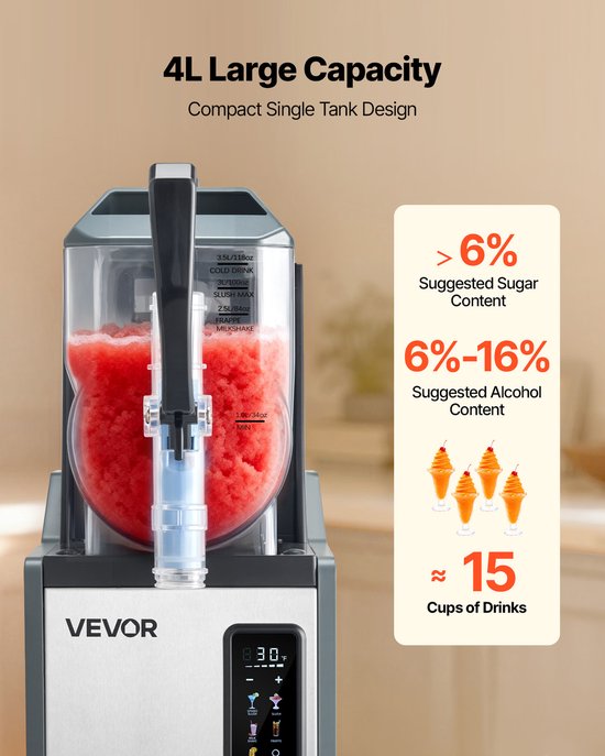 VEVOR Slushmachine 4 Liter, Slush-ijsmaker 350 W (Geen Ijs Nodig), Elektrische Margarita-machine met Zelfreinigende Functie, Geschikt voor Bevroren Margarita's, Frappés, Milkshakes en Shakes van Merkloos — afbeelding 4
