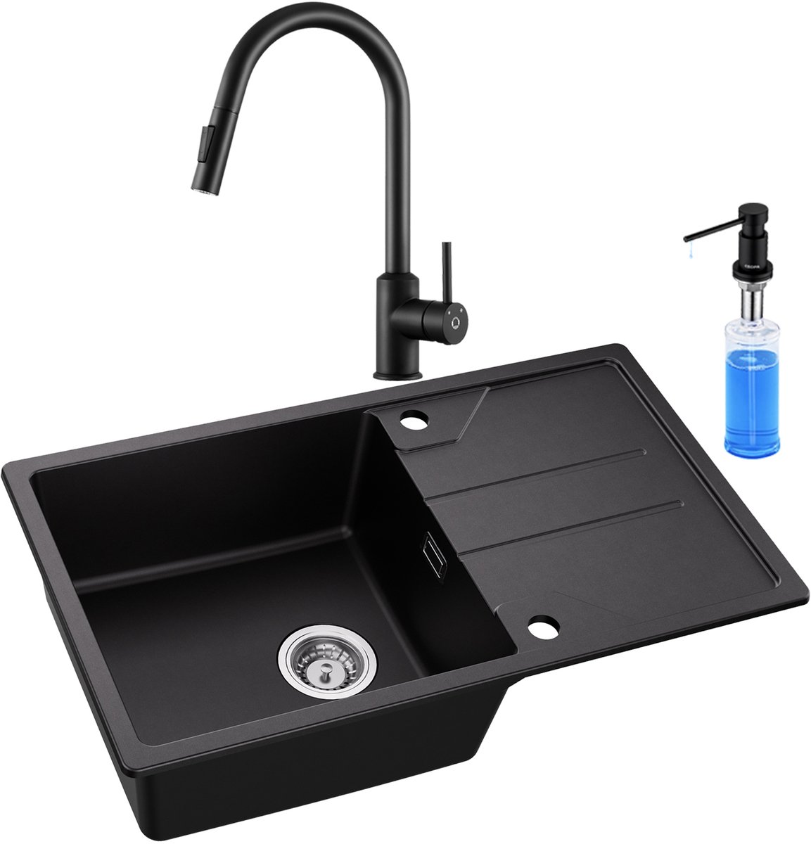 DERW MAX Granieten Spoelbak voor keuken 78x45cm - Enkele Spoelbakken Met Keukenkraan en zeepdispenser - Onderbouw Spoelbak Antraciet - Met Planchet en Waterafvoersysteem - Voor 60 cm Kast