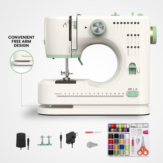 Witte Rynix naaimachine met groene details en uitgebreide accessoire-set.