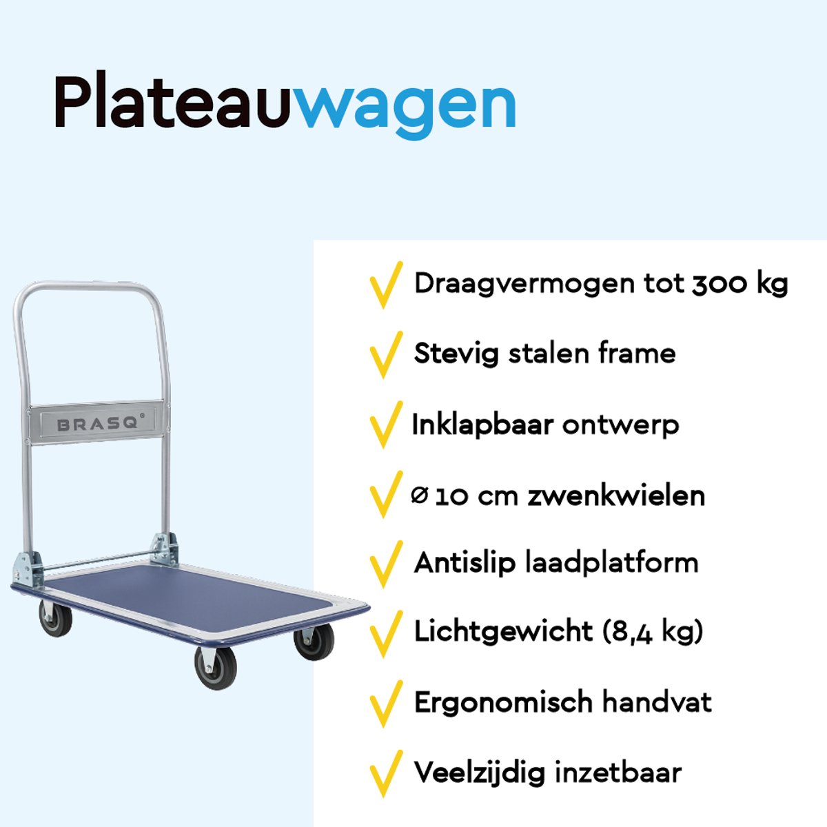 BRASQ Plateauwagen Inklapbaar - Draagvermogen 300 KG - Transportkar - Transportwagen - Magazijnwagen - Platformwagen – foto 2