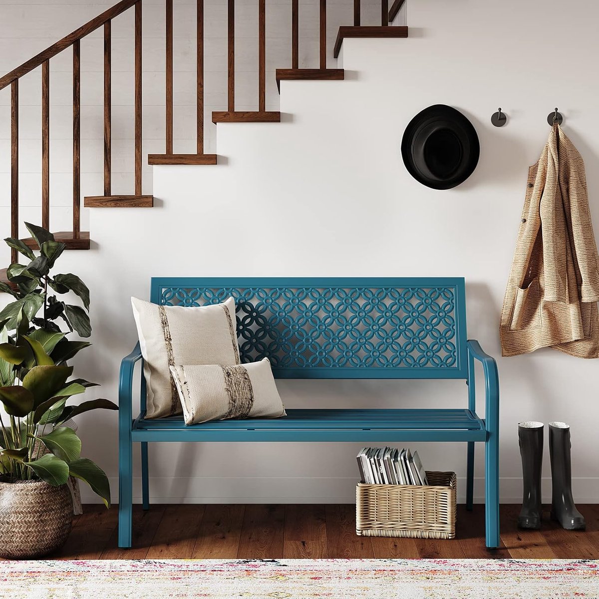 Tuinbank met rugleuning en armleuningen 125x61x86 cm – 2-3-zits metalen parkbank in vintage retrostijl, gietijzeren tuinmeubel voor balkon, terras of tuin – Blauw, Laura