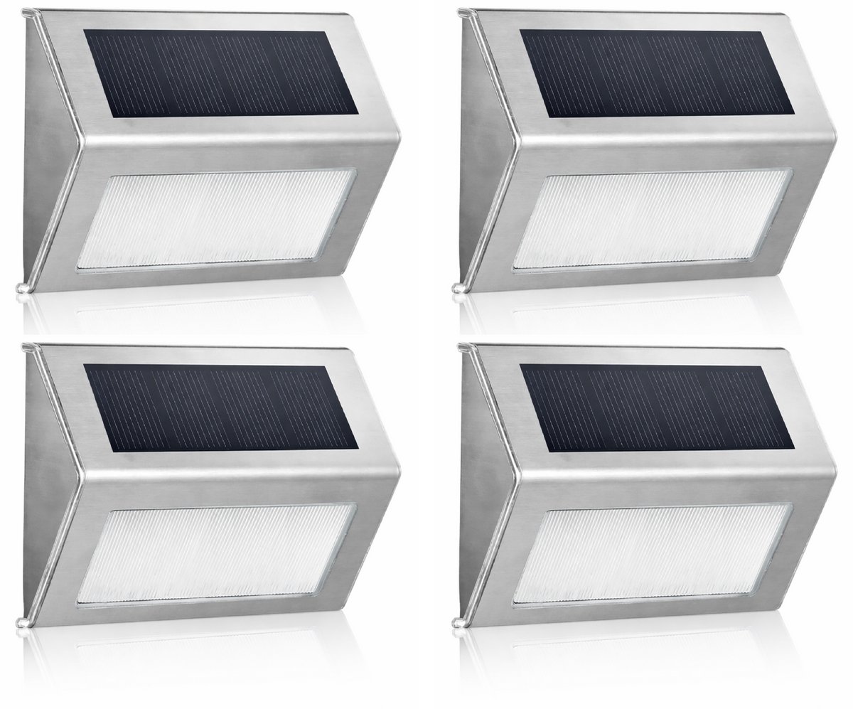 Solar Wandlamp Buiten - 4 Stuks - RVS - Warm Licht 3000K - IP65 Waterdicht - Automatisch Aan/Uit - Tuinverlichting voor Schutting, Trap en Pad