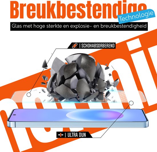 Telefoon met screenprotector, de tekst "Breukbestendige Technologie" en "Schokabsorberend, Ultra Dun".