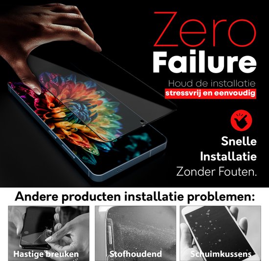 Handen installeren screenprotector op telefoon met bloemenafbeelding. Toont snelle installatie zonder fouten, met afbeeldingen van installatieproblemen.
