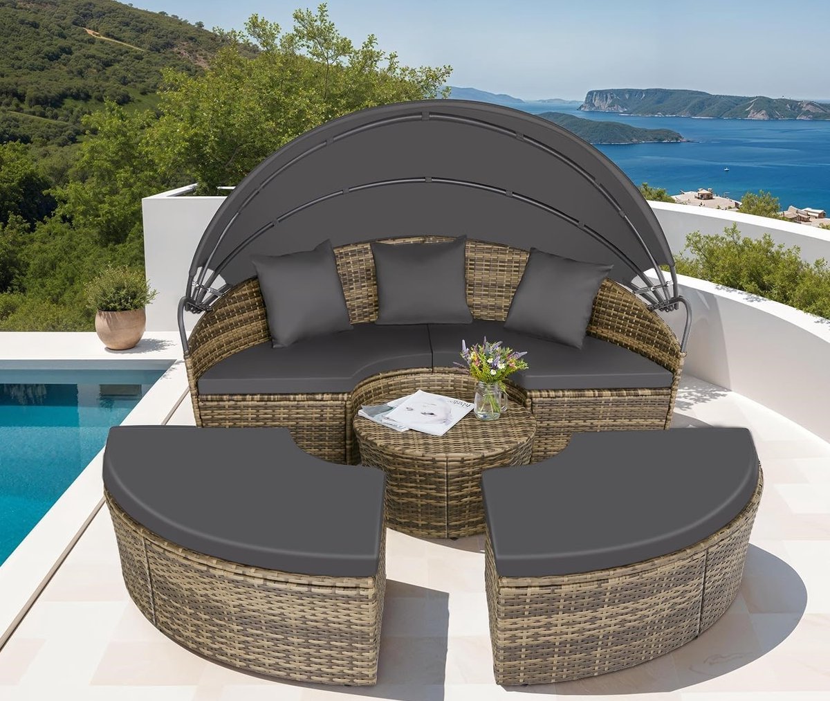 Luxe Santorini Dubbel Ligbed met Zonnescherm – Multifunctionele Tuinlounger voor 2 Personen, UV- en Weerbestendig, Inclusief Comfortabele Kussens
