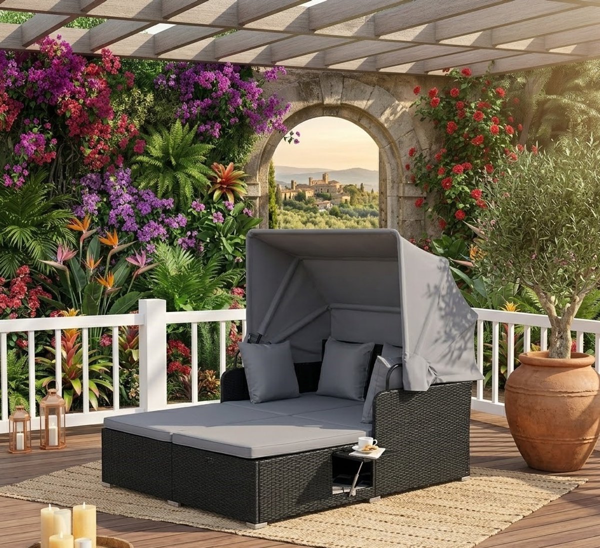 Luxe Tweepersoons Zonne-eiland met Inklapbaar Dak en 2 Bijzettafels – Comfortabele Rattan Ligstoel met Kussens voor Tuin en Terras 165x153x138 cm