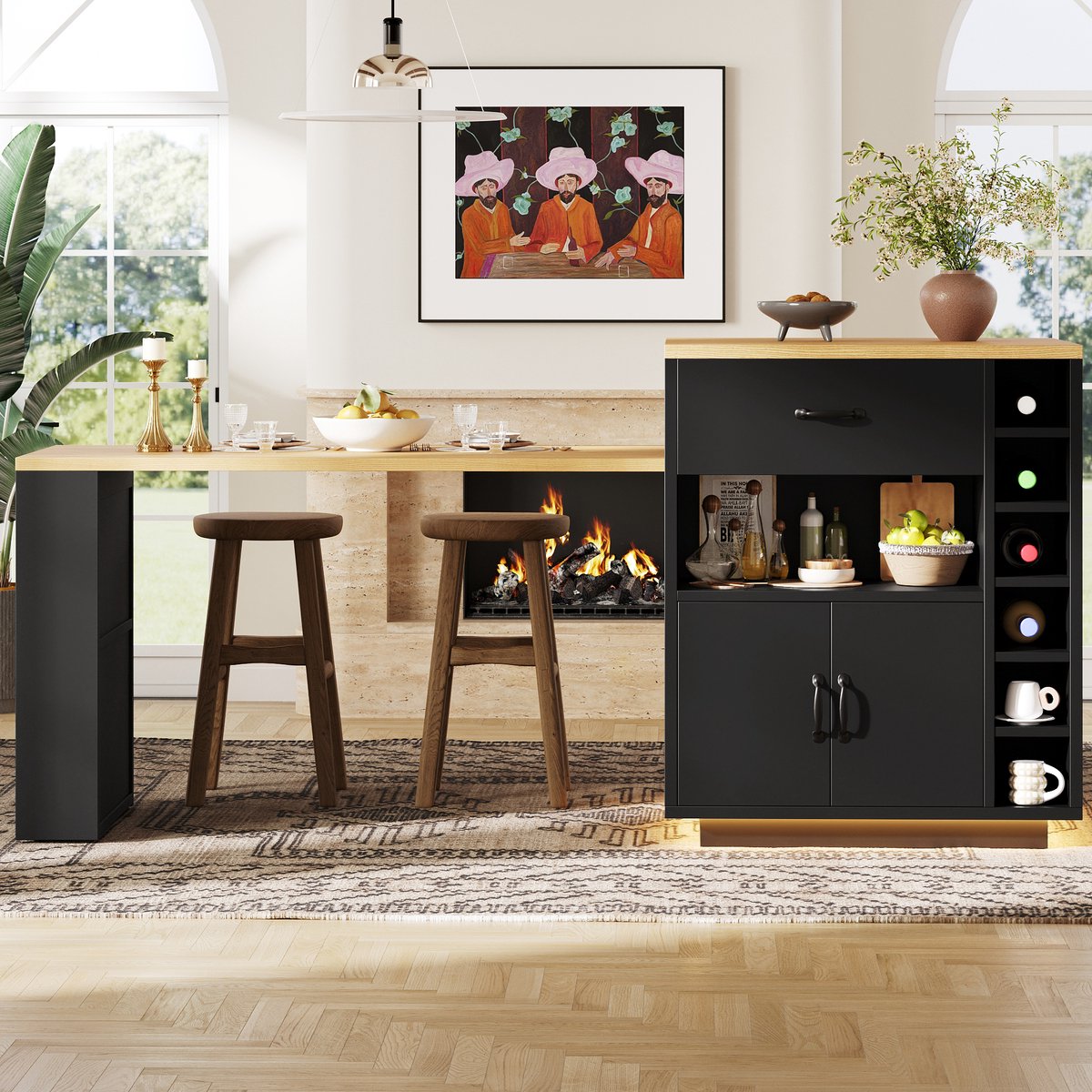 Wishdor Keukeneiland - Uitschuifbare Tafel En Opbergruimte - Modern - Voor Keuken - MDF En Metaal - Zwart - 80 x 70 x 95,5 cm