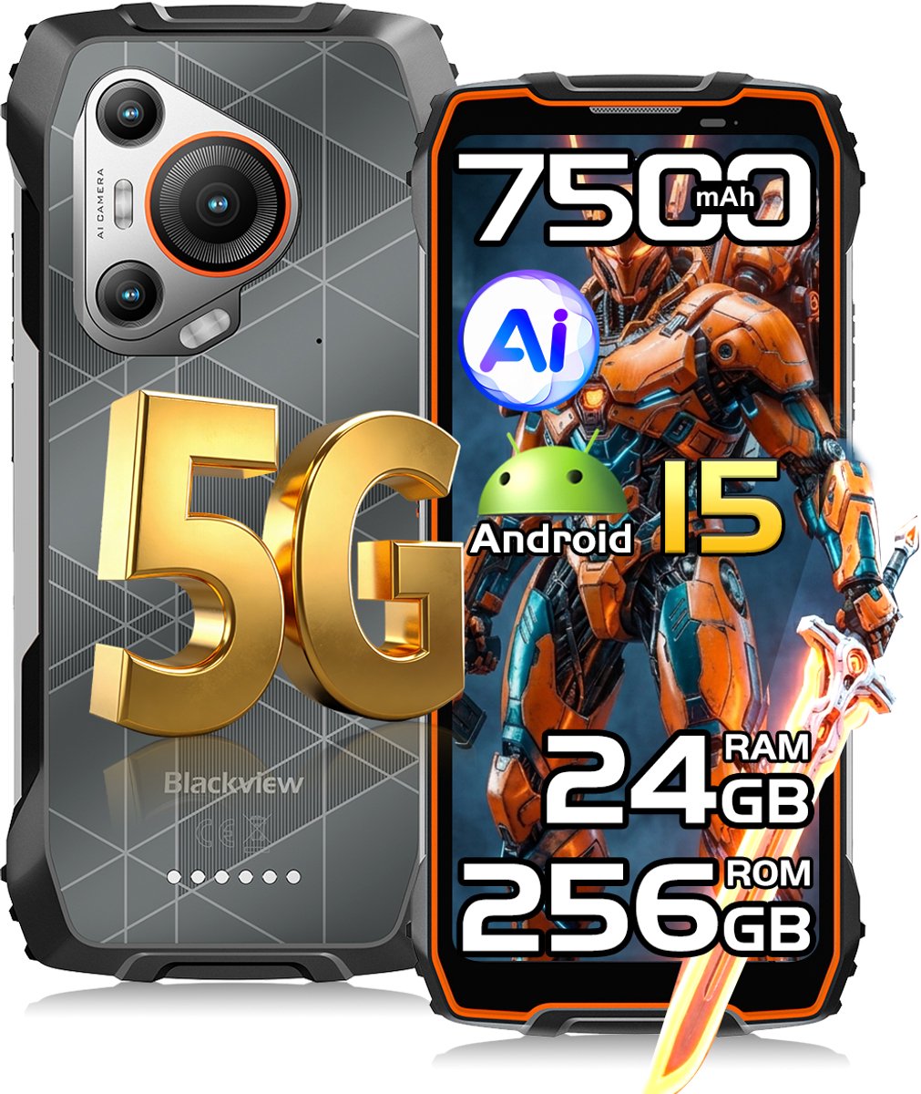 Blackview BL7000 - Smartphone 5G - 6.78 inch - Android 15 - 24GB RAM - 256GB ROM - 50MP Camera - 7500mAh - IP68 Waterdicht - NFC - OTG - GPS - FM - Oranje