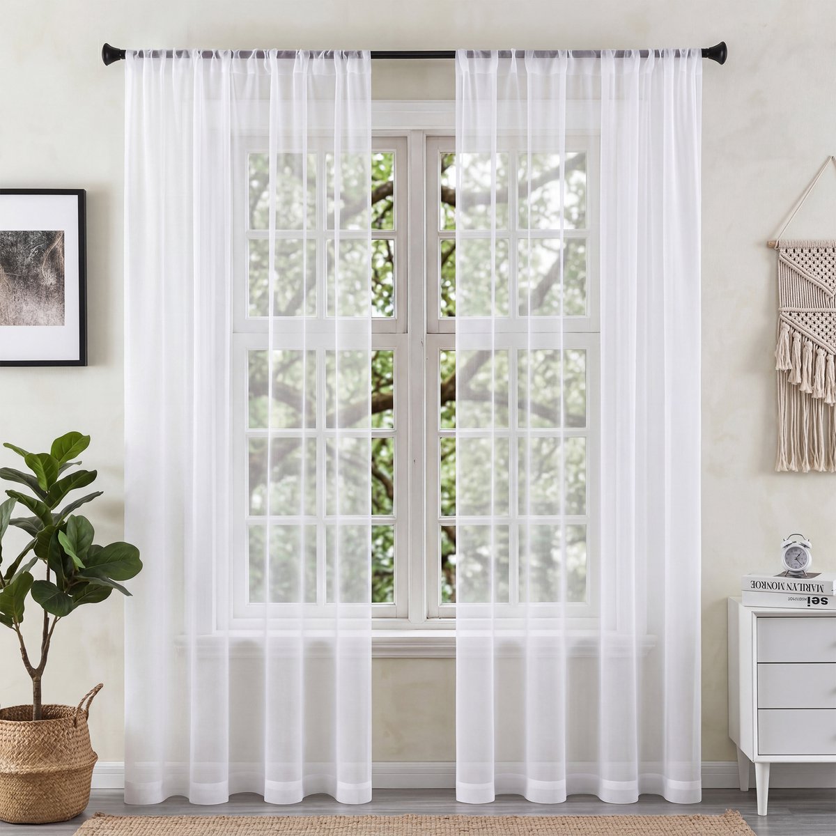Qelus Set Van 2 Witte Vitrage Gordijnen Kant en Klaar - Ultra Lichtgewicht Voile met Tunnelzoom - Lichtdoorlatend Woonkamer -137x213cm