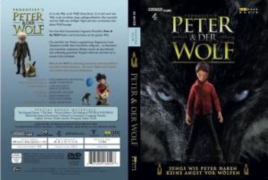 DVD hoes van Peter & de Wolf, met de hoofdpersoon Peter die oog in oog staat met de wolf.