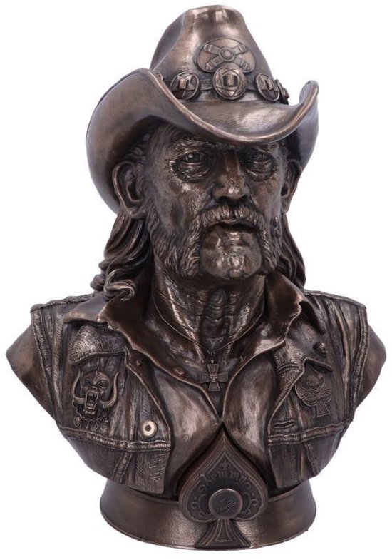 Buste en bronze de Lemmy Kilmister, portant un chapeau de cowboy, une barbe et des logos Motörhead sur sa veste.