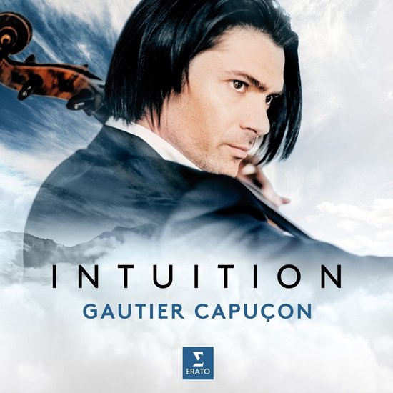 Albumhoes met Cello Virtuoos Gautier Capuçon, "INTUITION" tekst en berglandschap.