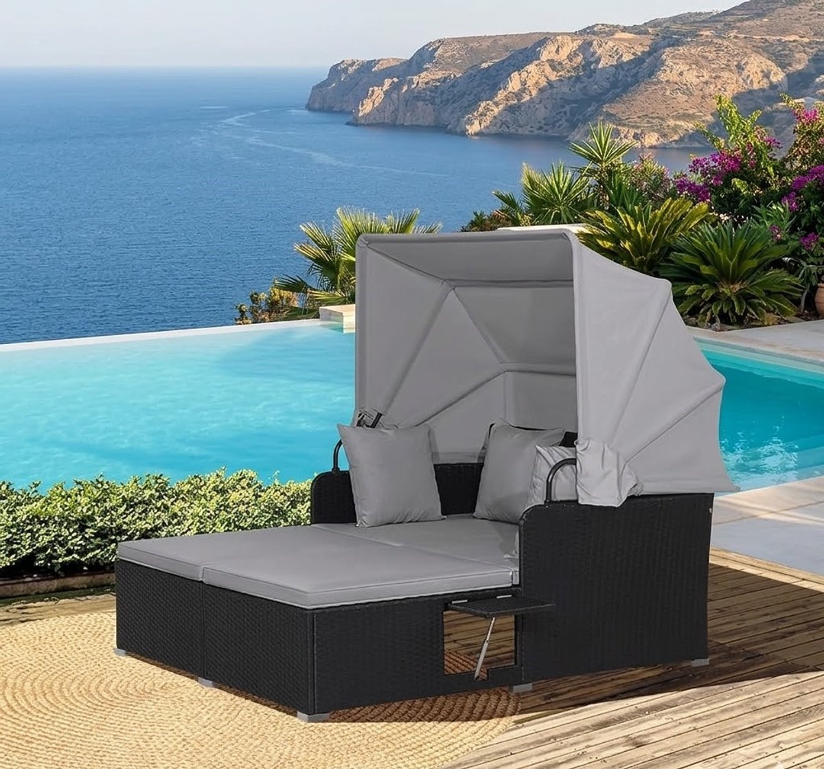 Luxe Dubbel Ligbed “Sun Haven” met Opklapbaar Zonnescherm voor 2 Personen – 165 x 153 x 138 cm – Inclusief Kussens en Opvouwbare Tafel